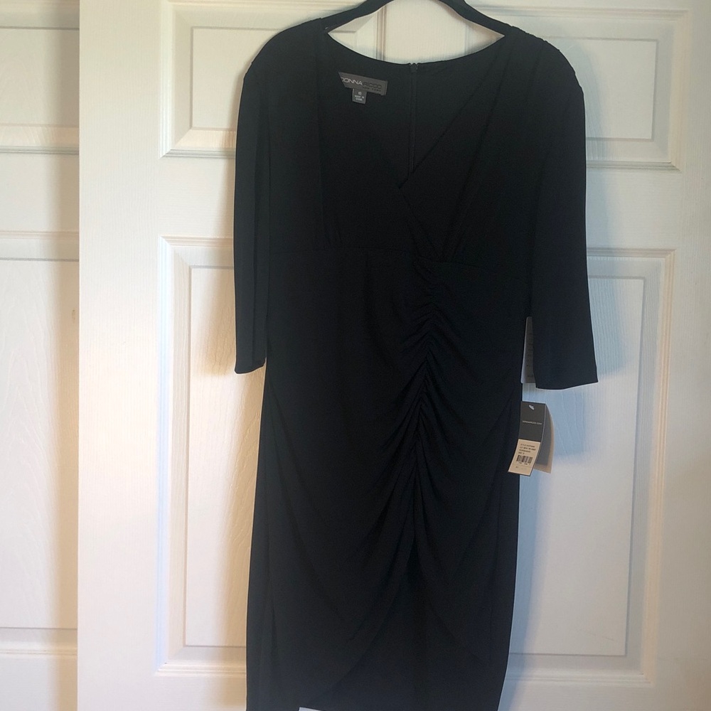 NWT Donna Ricco High Waist V-neck 3/4 Sleeve Black Ruched Dress Women’s Size 10